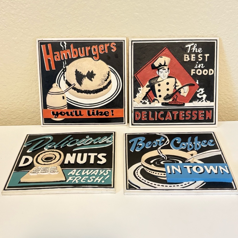 Set Of Four Retro Diner Advertisements Wall Hanging Ceramic Tiles Kitchen Decor